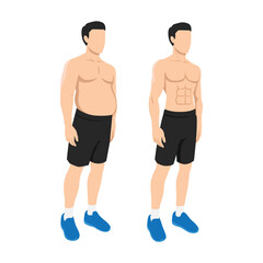 Before and After Fitness Transformation. Male Body Comparison Physical from overweight to fit. Flat vector illustration isolated on white background