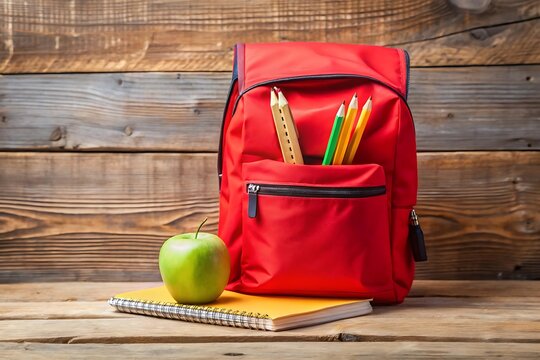 Bright red backpack filled with school supplies ready for a new academic year - Powered by Adobe