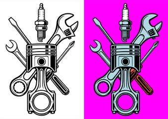 Mechanical Engine Tools Emblem Black White Line Art