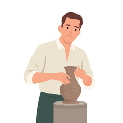 Man Shaping Clay on a Pottery Wheel, Pottery Artist at Work. Flat vector illustration isolated on white background
