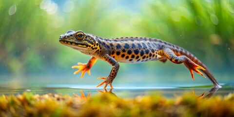 Obraz premium A vibrant amphibian gracefully steps across a tranquil, shallow body of water, its reflection mirroring its beauty