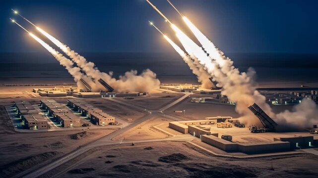 Multiple Rocket Launchers Firing Missiles at Night from a Desert Military Base, Strategic Defense Operations
