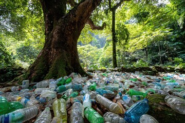 Obraz premium Plastic waste litters forest floor beneath large tree