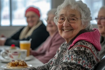 Group of cheerful senior residents enjoying breakfast together in a nursing home care center, fostering a sense of community and companionship among the elderly, Generative AI