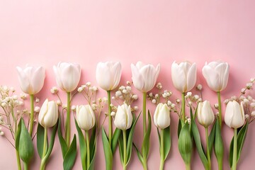 Delicate white tulips and baby s breath adorn a soft pink background