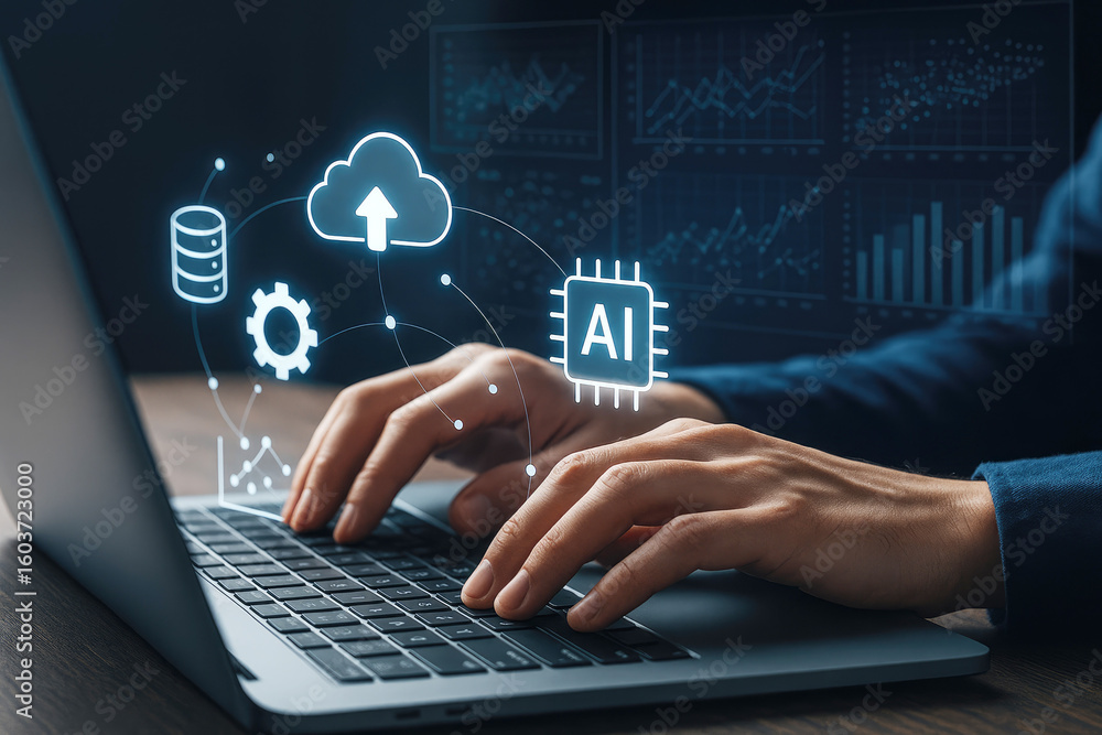 Poster person typing on laptop with digital data visualization and ai chip keyboard hands