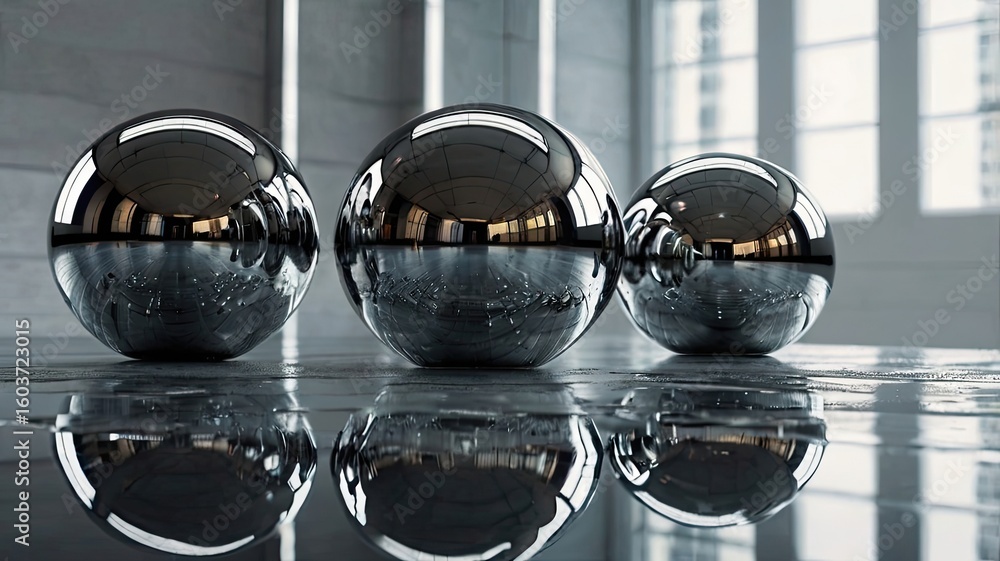 Fototapete three chrome spheres resting on a reflective surface in front of a window with natural light shining