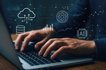 Person typing on laptop with digital data visualizations and AI chip hands computer