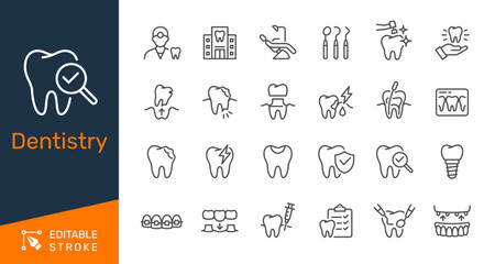 Dentistry thin line icon collection for oral care, dental health and medicine concept. Editable stroke. Pixel perfect.