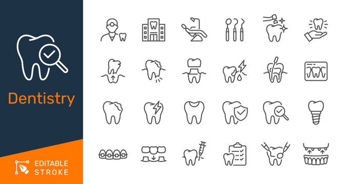 Dentistry thin line icon collection for oral care, dental health and medicine concept. Editable stroke. Pixel perfect.