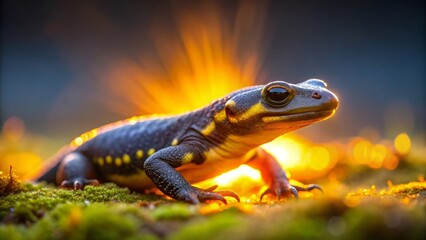 Golden Hour Amphibian A Close-Up Portrait of a Dark Amphibian with Yellow Markings Basking in the Warm Glow of the Setting Sun on a Patch of Moss
