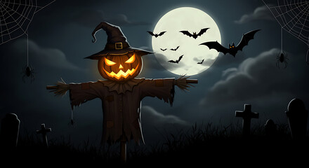 Spooky Night A Cartoon Scarecrow with Pumpkin Head under a Full Moon for Halloween, Creating an Eerie and Festive Halloween Cartoon Scarecrow Atmosphere