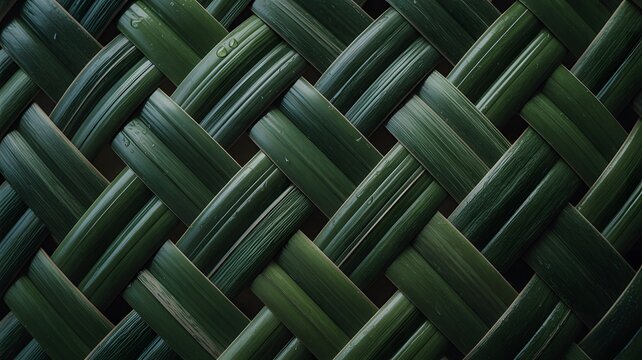 Close up of woven green natural material texture background