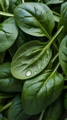 Fototapeta premium Fresh green spinach leaves with water droplets close up