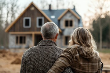 Rear view of a mature couple admiring their new house under construction, discussing future plans and dreams. This scene reflects the excitement and anticipation of starting, Generative AI
