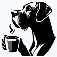 Great Dane Dog Drinking coffee. Retro Cartoon Clipart Silhouette Stock Vector Line Art Illustration. Huge hound savoring java beverage canine enjoys morning brew big pet.
