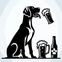 Great Dane Dog drink beer. Retro Cartoon Clipart Silhouette Stock Vector Line Art Illustration. Large canine ingesting brew a comical moment involving giant hound and ale.