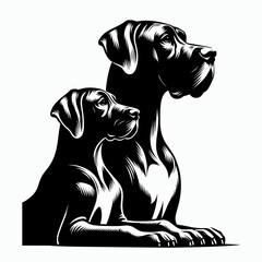 Great Dane Dog Drawing or painting together. Retro Cartoon Clipart Silhouette Stock Vector Line Art Illustration. Large canine sketch artwork collaboration design project.