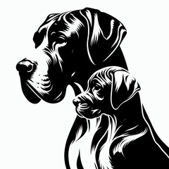 Great Dane Dog Drawing or painting together. Retro Cartoon Clipart Silhouette Stock Vector Line Art Illustration. Large hound artwork sketch canvas creation canine image project.