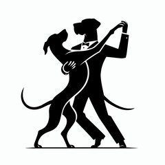 Great Dane Dog dancing tango. Retro Cartoon Clipart Silhouette Stock Vector Line Art Illustration. Big canine performing ballroom a german mastiff doing the argentinian two step.