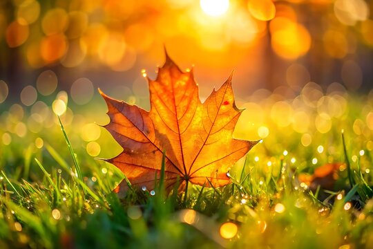 Golden autumn maple leaf bathed in warm sunlight on dewy green grass