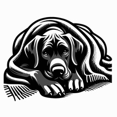 Great Dane Dog Cuddling under a blanket. Retro Cartoon Clipart Silhouette Stock Vector Line Art Illustration. Large enjoying warmth beneath covering on cool day.