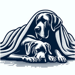 Great Dane Dog Cuddling under a blanket. Retro Cartoon Clipart Silhouette Stock Vector Line Art Illustration. Huge hound snuggling beneath wrap canine affection pet comfort zone.