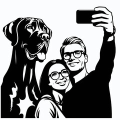 Great Dane Dog Couple Selfie. Retro Cartoon Clipart Silhouette Stock Vector Line Art Illustration. Big canine pair snapshot danish hound duo taking photo of themself.