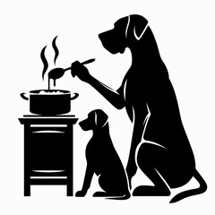 Great Dane Dog Cooking together. Retro Cartoon Clipart Silhouette Stock Vector Line Art Illustration. Large canine food prep help giant breed pet preparing meal jointly at home.