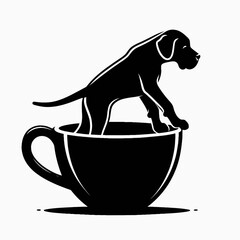 Great Dane Dog climbing out of giant coffee mug. Retro Cartoon Clipart Silhouette Stock Vector Line Art Illustration. Big canine ascending from huge beverage cup a funny pet picture concept.