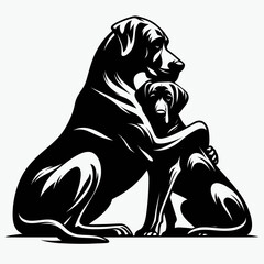 Great Dane Dog Classic Embrace. Retro Cartoon Clipart Silhouette Stock Vector Line Art Illustration. Large hound canine old fondness hug affection.