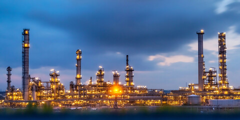 Obraz premium Industrial refinery illuminated at dusk in expansive landscape Generative AI