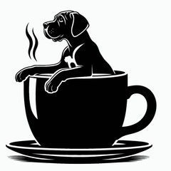 Great Dane Dog climbing out of giant coffee mug. Retro Cartoon Clipart Silhouette Stock Vector Line Art Illustration. Huge canine ascending from large drink container funny pet action.