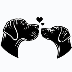 Great Dane Dog Blowing kisses to each other. Retro Cartoon Clipart Silhouette Stock Vector Line Art Illustration. Huge canine giving affection sending a peck another big breed.
