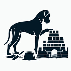 Great Dane Dog Building a sandcastle. Retro Cartoon Clipart Silhouette Stock Vector Line Art Illustration. Enormous canine crafting beach fort big hound making artwork from shore grain.