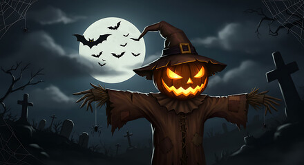 Eerie illustration of a spooky cartoon scarecrow with a glowing pumpkin head standing in a haunted graveyard at night, with a full moon and bats flying overhead for Halloween.