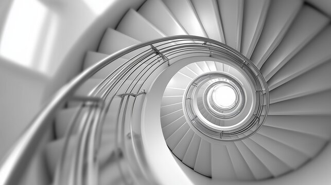 Dynamic downward perspective of sleek modern spiral staircase with geometric curves and elegant steel railing in contemporary architectural design, Generative AI