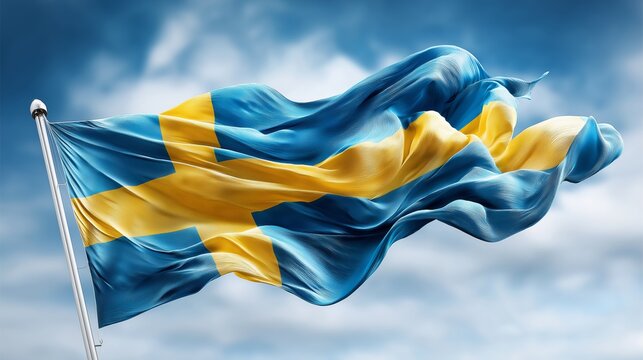 Swedish flag with blue and yellow colors waving dynamically against dramatic cloudy sky representing national pride, strength, and freedom, Generative AI