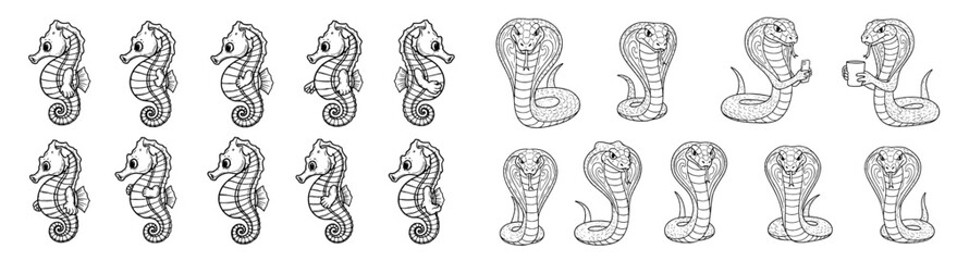 Fototapeta premium Cartoon seahorses and cobras row of drawings. Marine life, serpents, animal characters, outlined animals, black and white, comic
