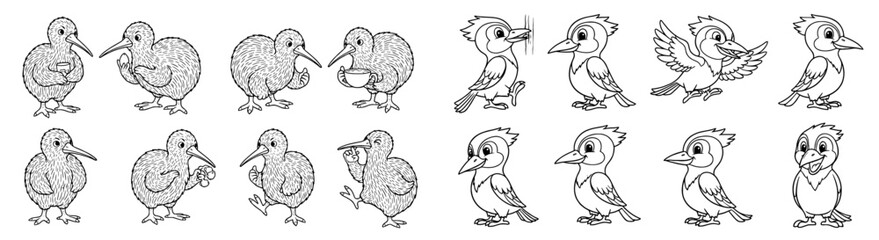 Naklejka premium Cartoon birds in different poses. Bird, kiwi, cute, characters, drawing, funny, comic, animals, illustration, mascot, graphic, design, outline.