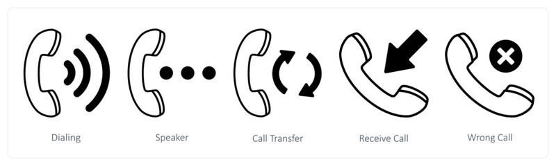 A set of 5 mix icons as dialing, speaker, call transfer