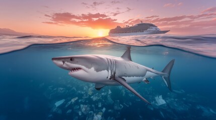 Fototapeta premium Great white shark swimming beneath sunset-lit cruise ship surrounded by drifting jellyfish in a dramatic open ocean wildlife encounter, Generative AI