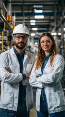 Two project managers standing confidently in modern industrial factory, overseeing robotics, robotic arms, and automation within a manufacturing facility, Generative AI