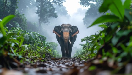 Asian Elephant in Misty Rainforest