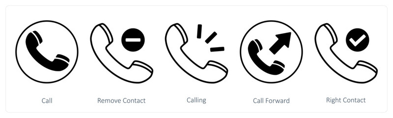A set of 5 mix icons as call, remove contact, calling