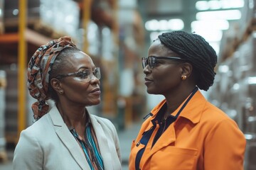 Female warehouse director discussing a new order with a production manager, ensuring timely preparation and shipment of products, Generative AI
