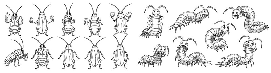 Cartoon insects engage in funny activities. Bugs, critters, pests, centipede, cockroach, humorous, animation, drawings.