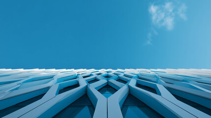 Minimalistic Architectural Facades Against Vibrant Blue Sky with Sleek Geometric Patterns and Cinematic Lighting 