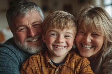 Cheerful boy with Down syndrome hugging his parents indoors at home, laughing and enjoying a moment of family love, Generative AI