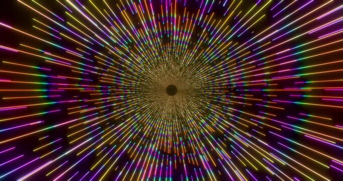 Futuristic glowing neon waving rays background. Shining geometric rainbow lines inside tube in perspective. Bright retro digital cyberspace. 4K 3D rendering loop animation.